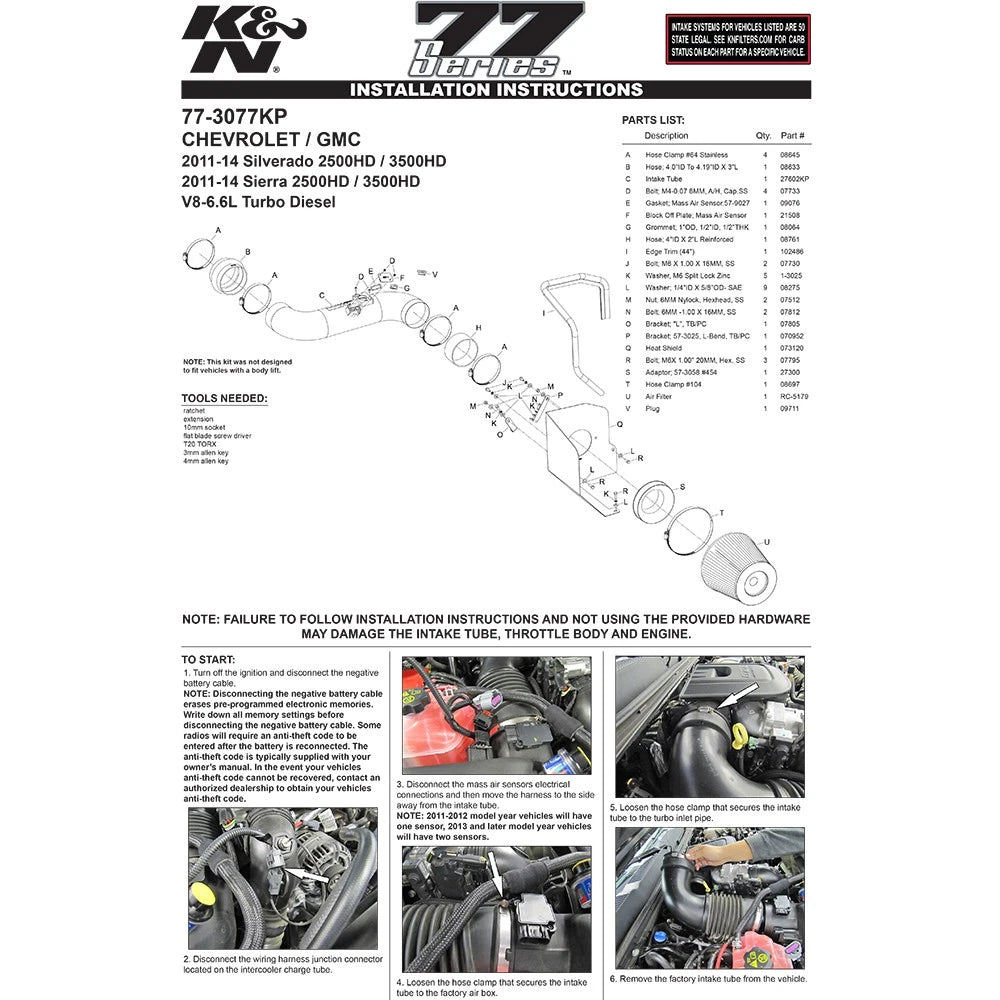 K&N 77 Series Performance Intake Kit for 11-14 Chevrolet Silverado/GMC Sierra 2500/3500 V8 6.6L