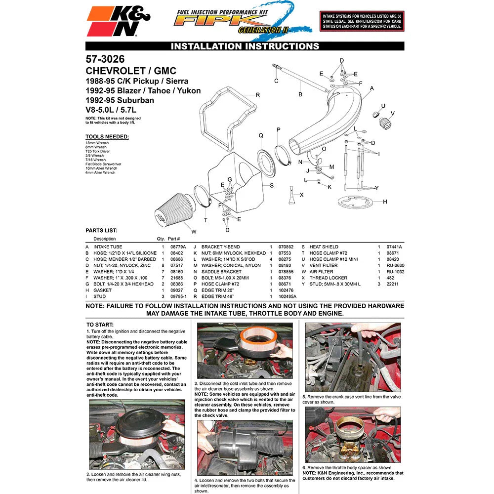 K&N 88-95 Chevy C/K Pick Up V8-5.7L Performance Intake Kit