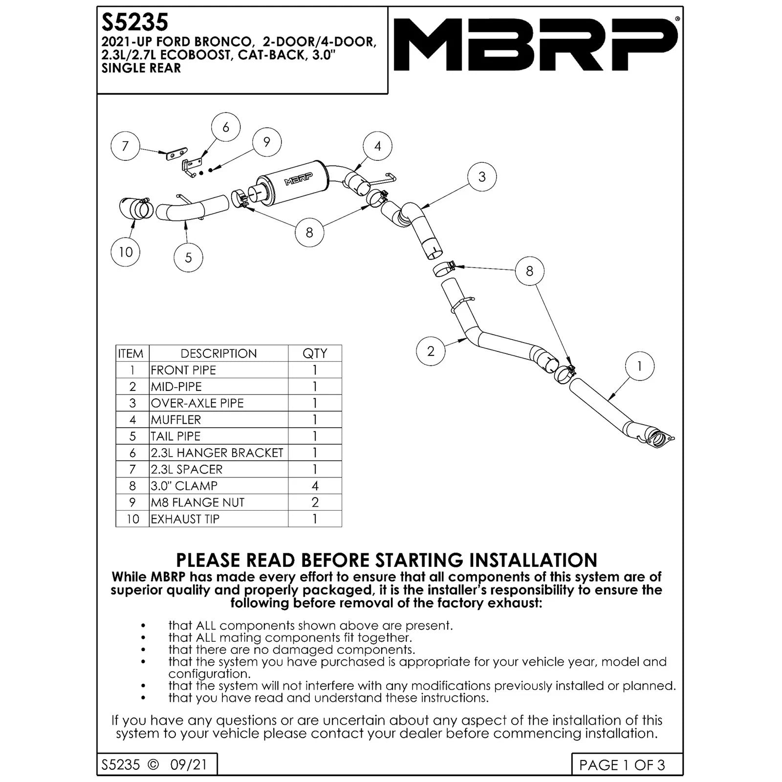MBRP 2021+ Ford Bronco 2.3L/2.7L EcoBoost 3in T304 Catback Exhaust