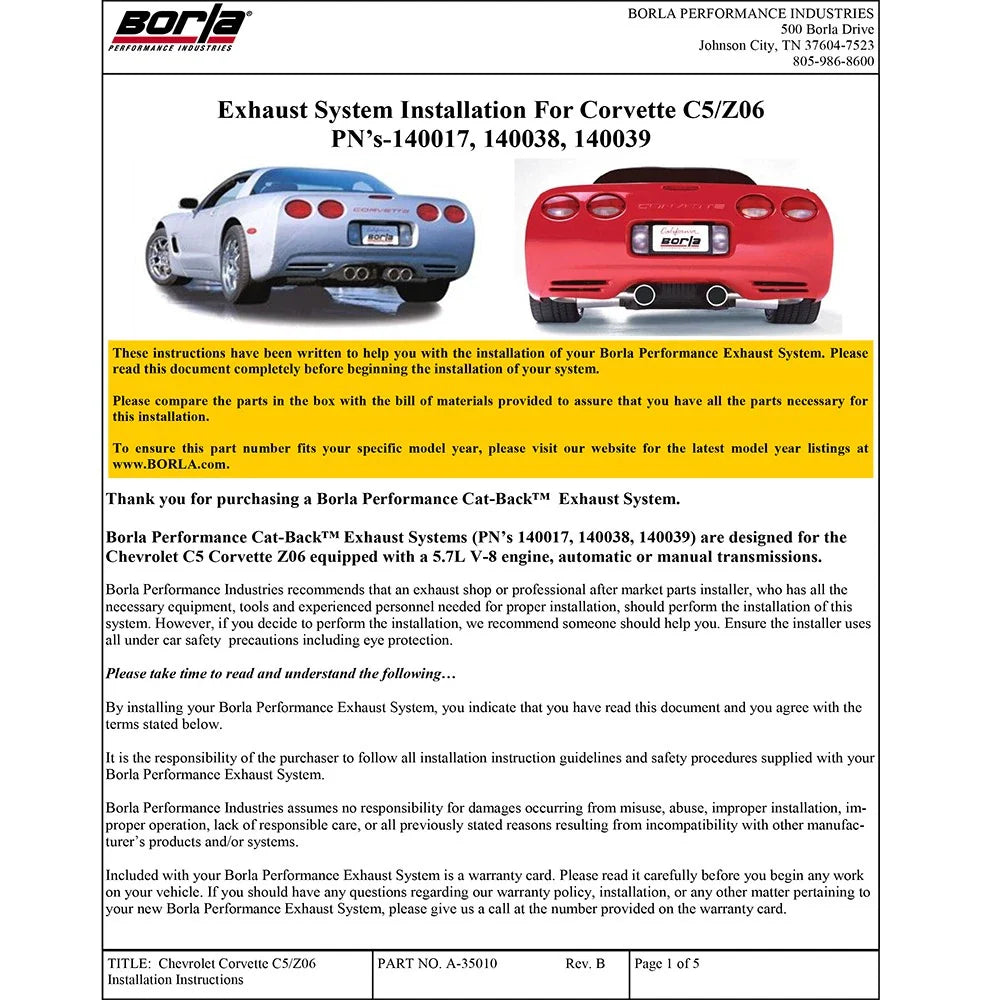 Borla Corvette Z06 Aggressive Catback Exhaust