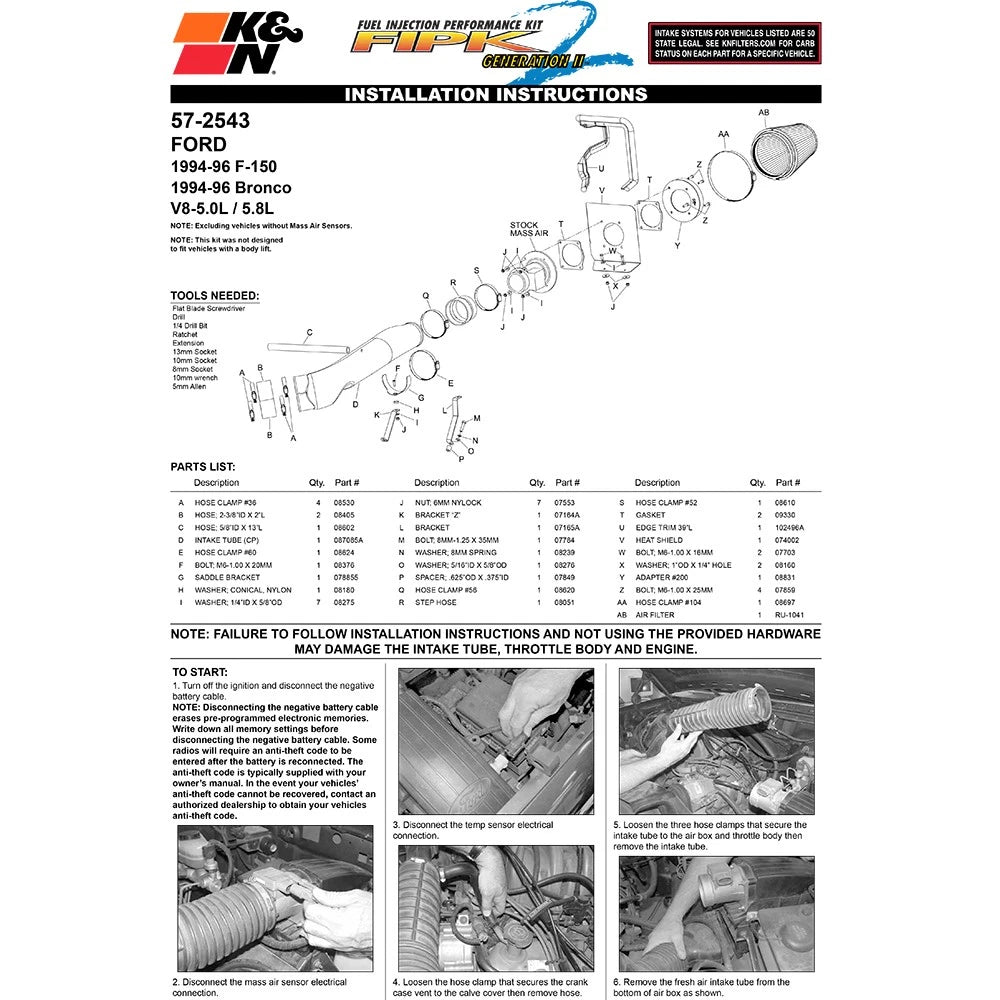 K&N 94-96 Ford F150/Bronco V8-5.0L/5.8L Performance Intake Kit