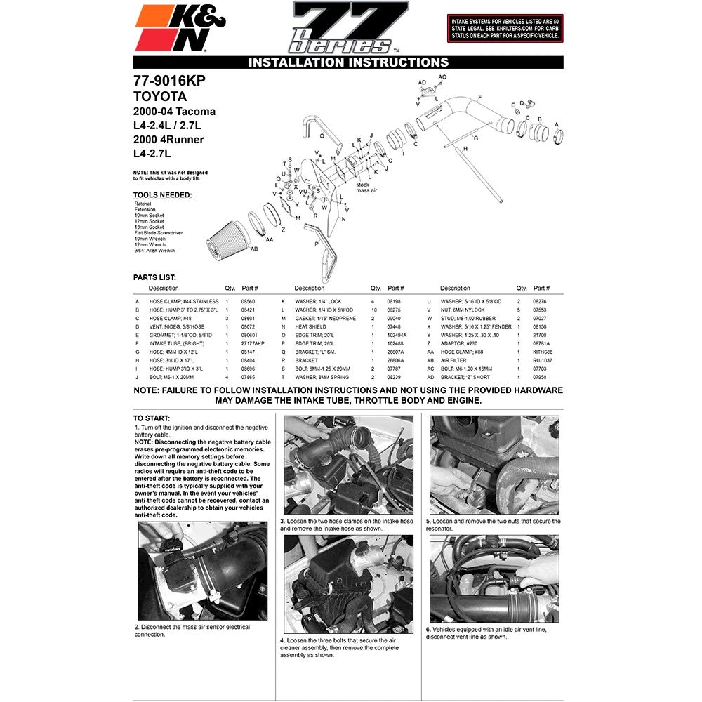 K&N 00-04 Toyota Tacoma/4Runner L4-2.4/2.7L High Flow Performance Kit