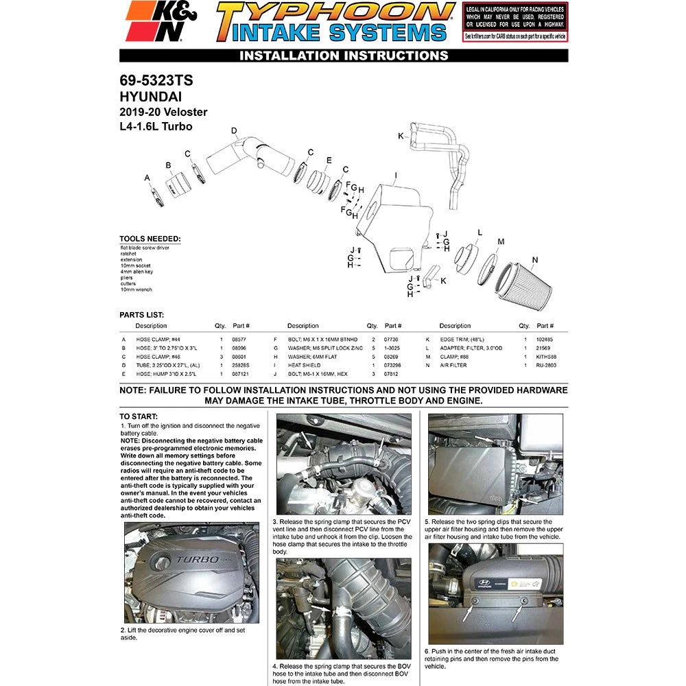 K&N 19-20 Hyundai Veloster R L4-1.6L F/I Typhoon Performance Air Intake System