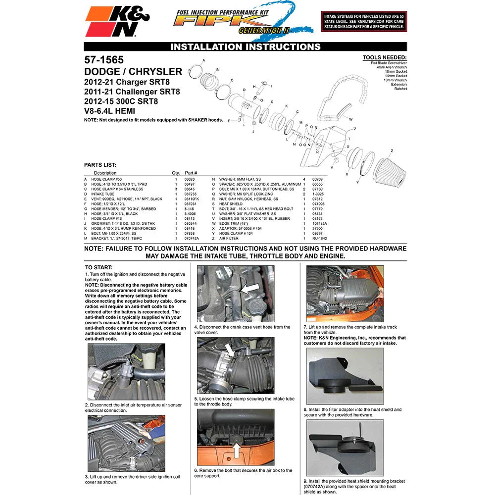 K&N 11-14 Dodge Challenger 6.4L V8 Performance Intake