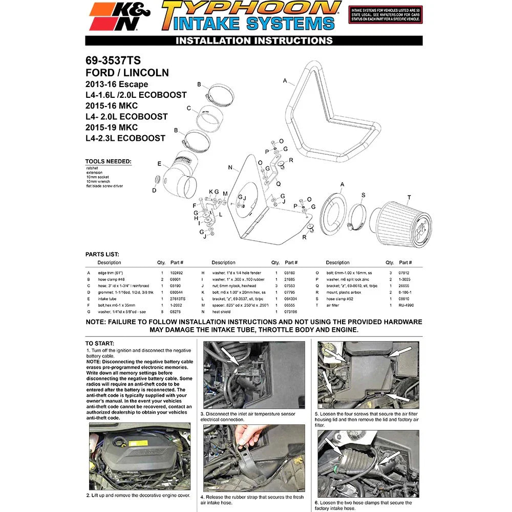 K&N 13-15 Ford Escape 2.0L/1.6L L4 Typhoon Cold Air Intake