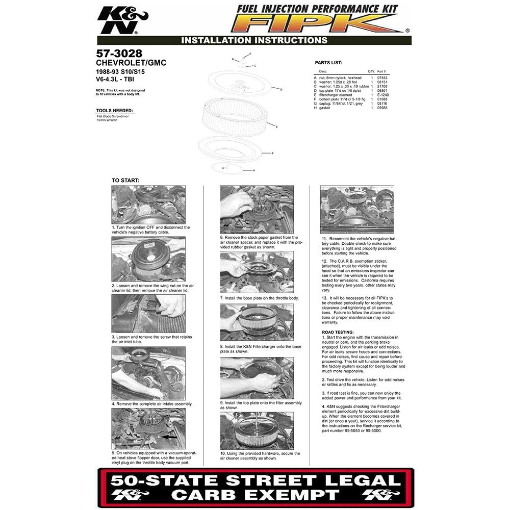 K&N 88-93 Chevy/GMC S10/15 V6-4.3L Performance Intake Kit