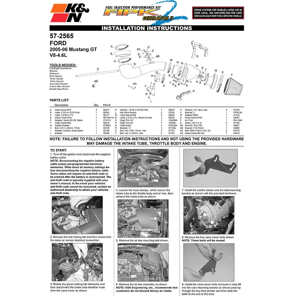 K&N 05 Ford Mustang GT V8-4.6L Performance Intake Kit
