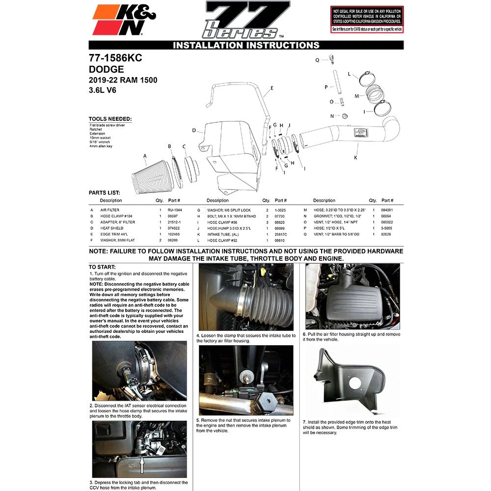 K&N 19-21 Dodge Ram 1500 3.6L V6 F/I Performance Air Intake Kit
