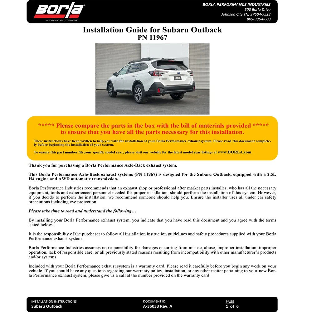 Borla 2020 Subaru Outback 2.5L 2in S-Type Rear Section