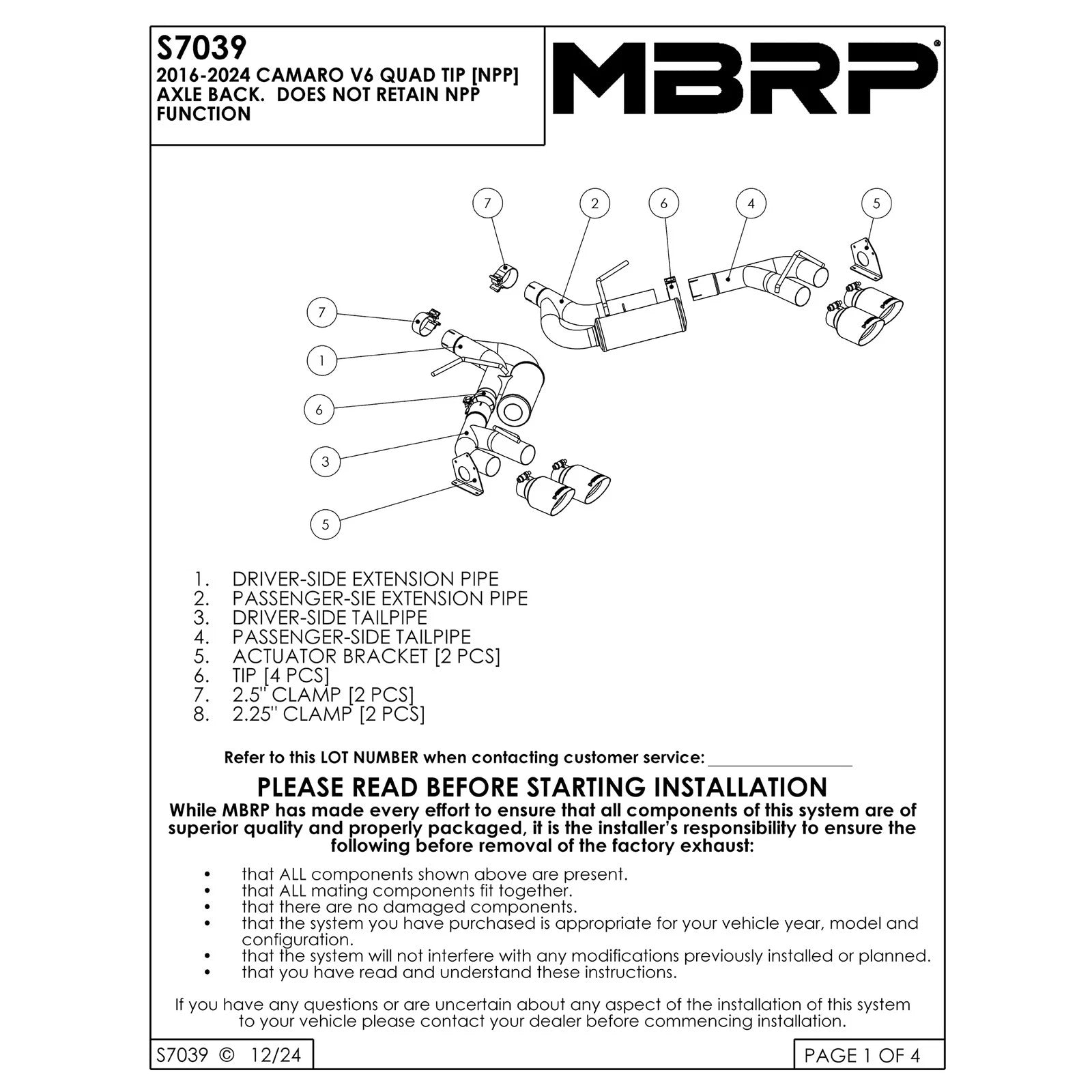 MBRP 16-19 Chevrolet Camaro V6 2.5in BLK NPP Dual Axle Back Exhaust w/ 4in Quad Dual Wall Tips