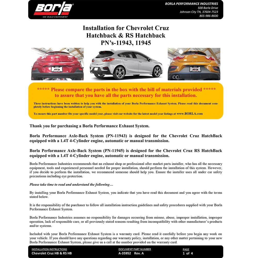 Borla 2017 Chevrolet Cruze RS 1.4T FWD 2.25in SS S-Type Rear Section Exhaust