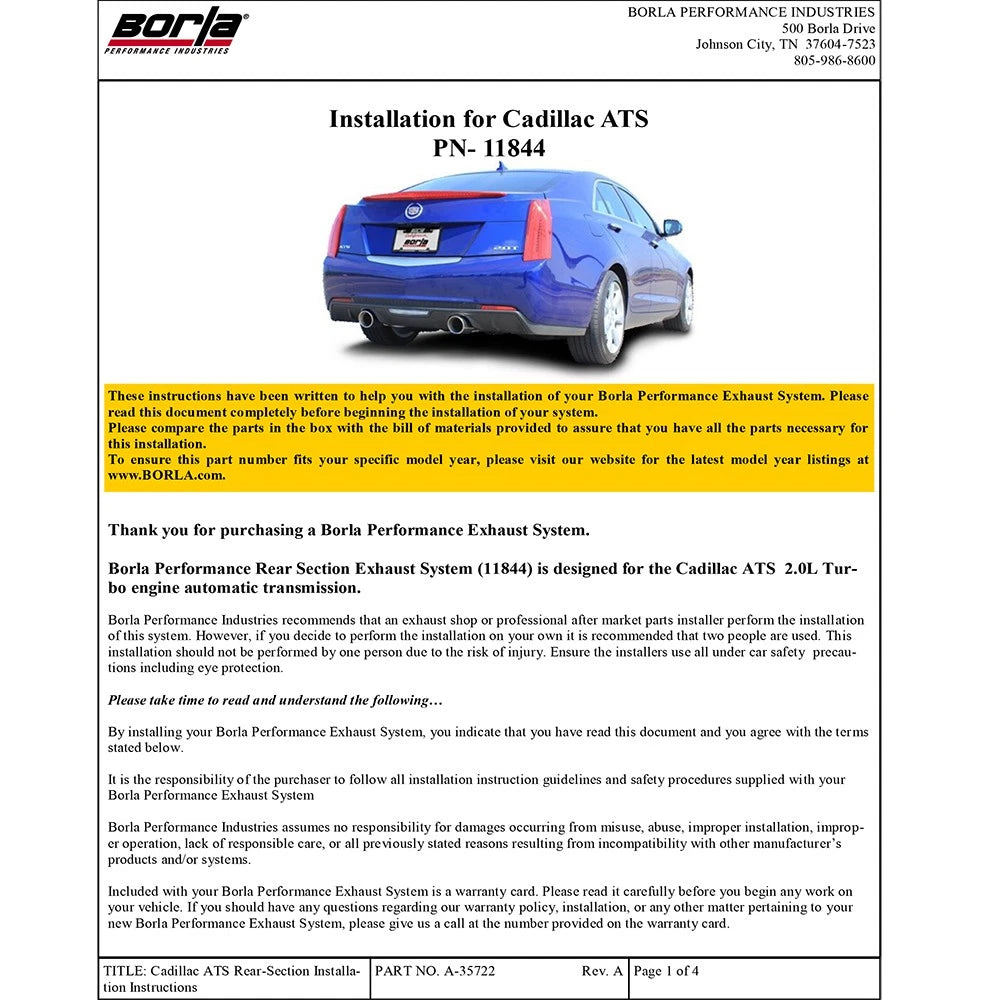 Borla 13-15 Cadillac ATS 2.0L AT RWD 4Dr Single Split Rear Exit Exhaust (Rear Section)