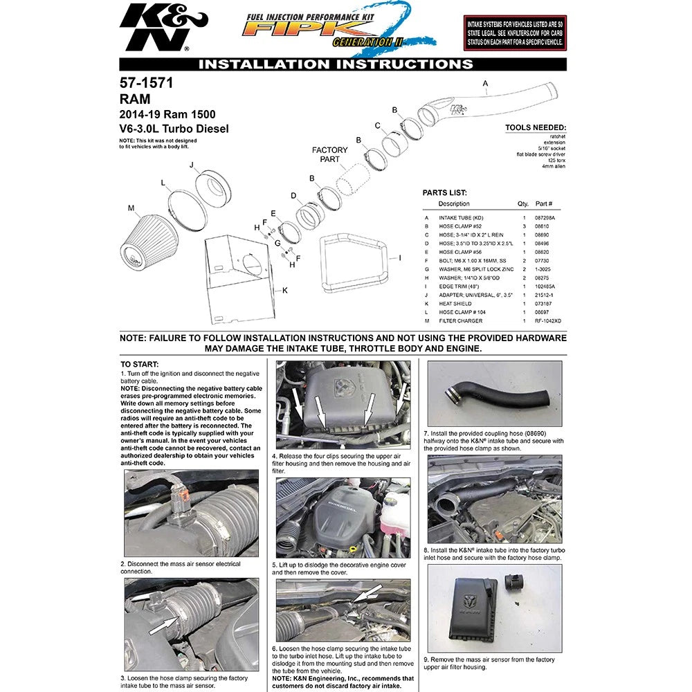 K&N 15-16 Dodge Ram 1500 V6-3.0L DSL Performance Intake Kit