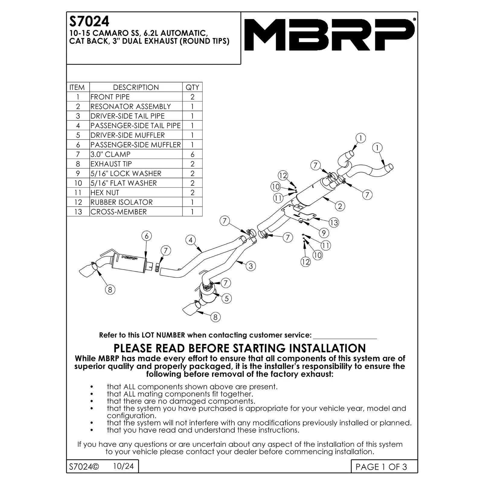 MBRP 2010 Chev Camaro V8 6.2L Automatic (L99) 3 Dual Cat Back Round Tips T409