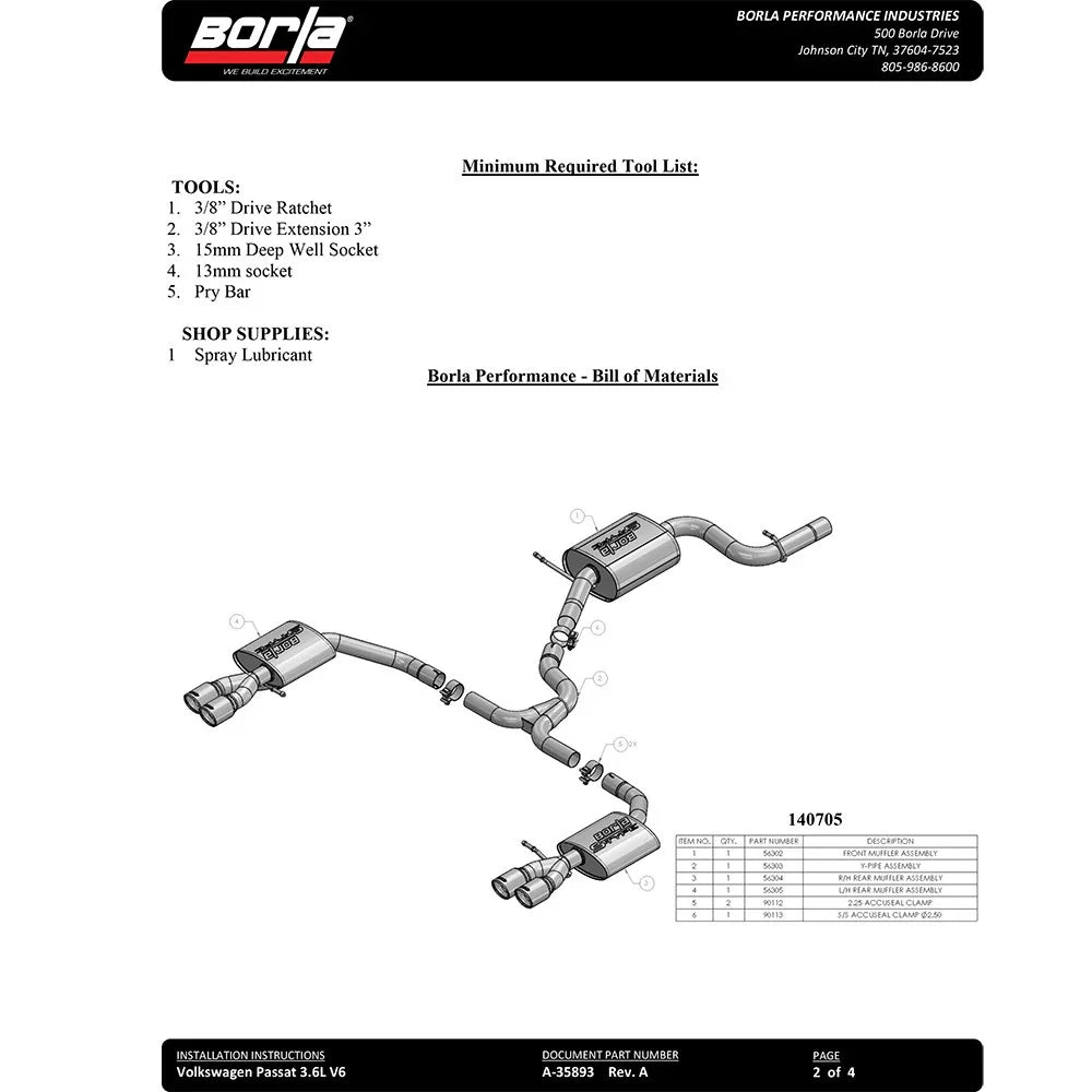 Borla 16-18 Volkswagen Passat 3.6L FWD/AWD Catback Exhaust