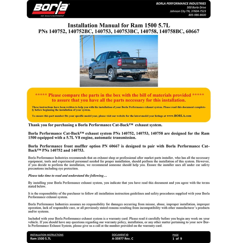 Borla 2019 RAM 1500 5.7L V8 AT 4DR Crew Cab Short Bed Atak SS Catback Exhaust - Black Chrome Tip