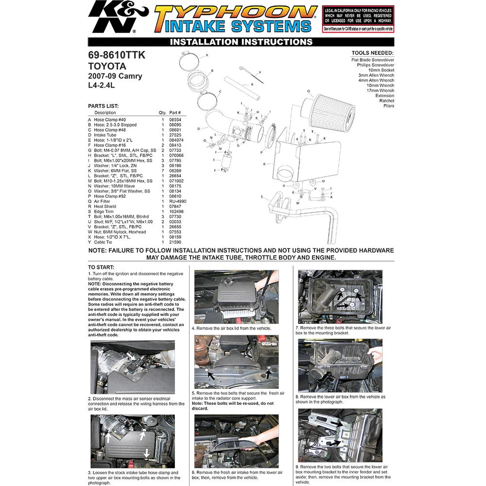K&N 07 Toyota Camry L4-2.4LTyphoon Short Ram  Intake