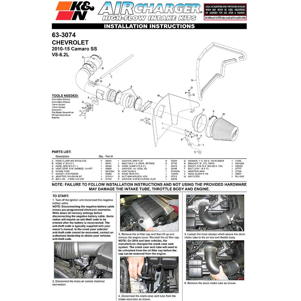K&N 10 Chevy Camaro 6.2L V8 AirCharger Performance Intake