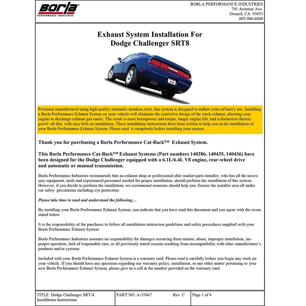 Borla 11 Dodge Challenger SRT8 Coupe AT/MT 5/6spd 6.4L 8cyl ATAK SS Catback Exhaust