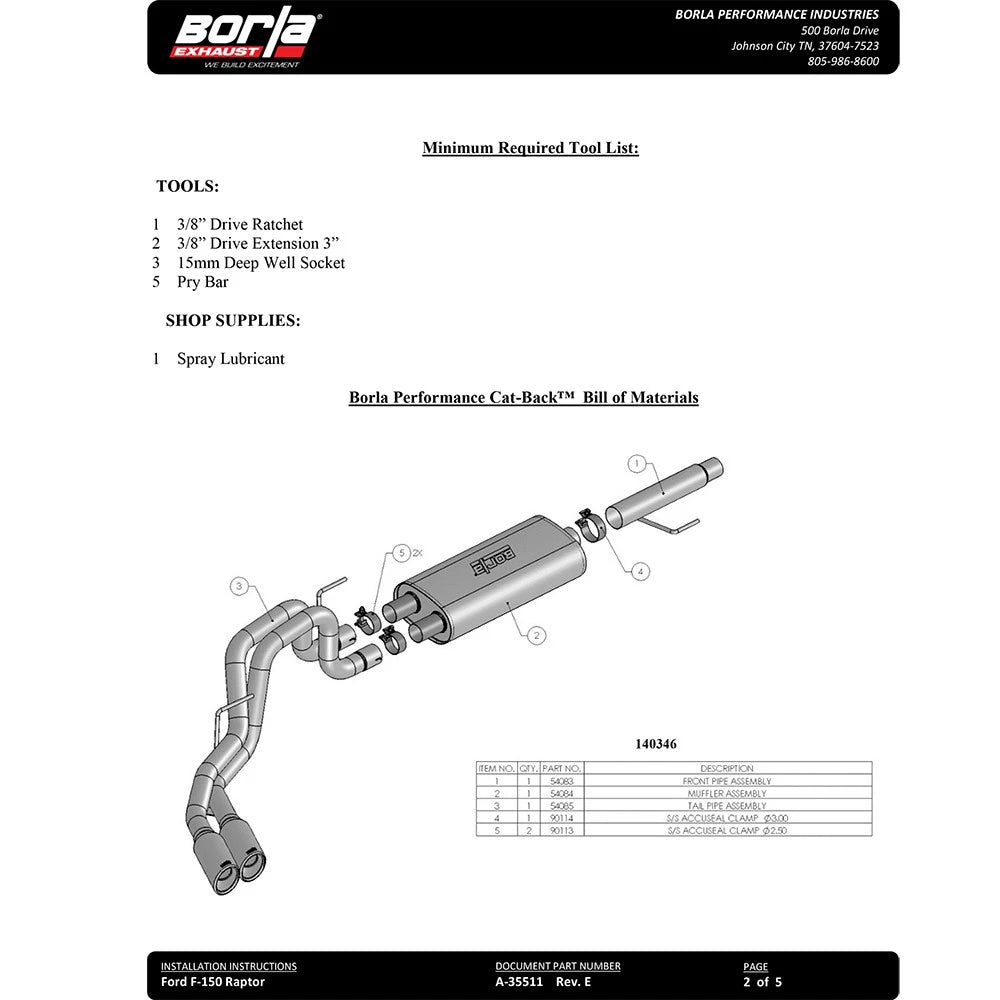 Borla 10-12 Ford F-150 Raptor 6.2L V8 2/4WD AT Touring SS Catback Exhaust