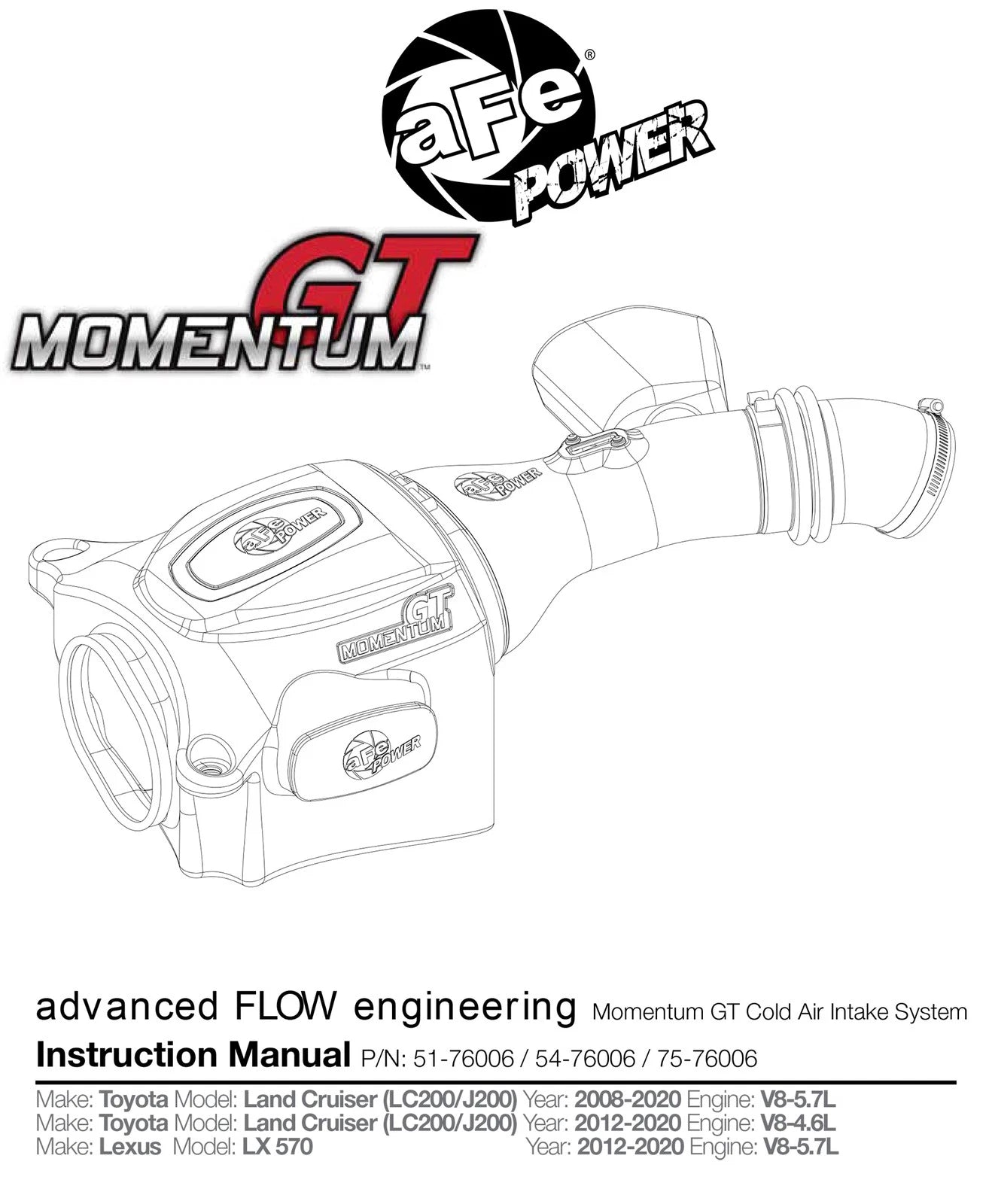 aFe Momentum GT Intakes PDS AIS Toyota Land Cruiser 08-17 V8-5.7L
