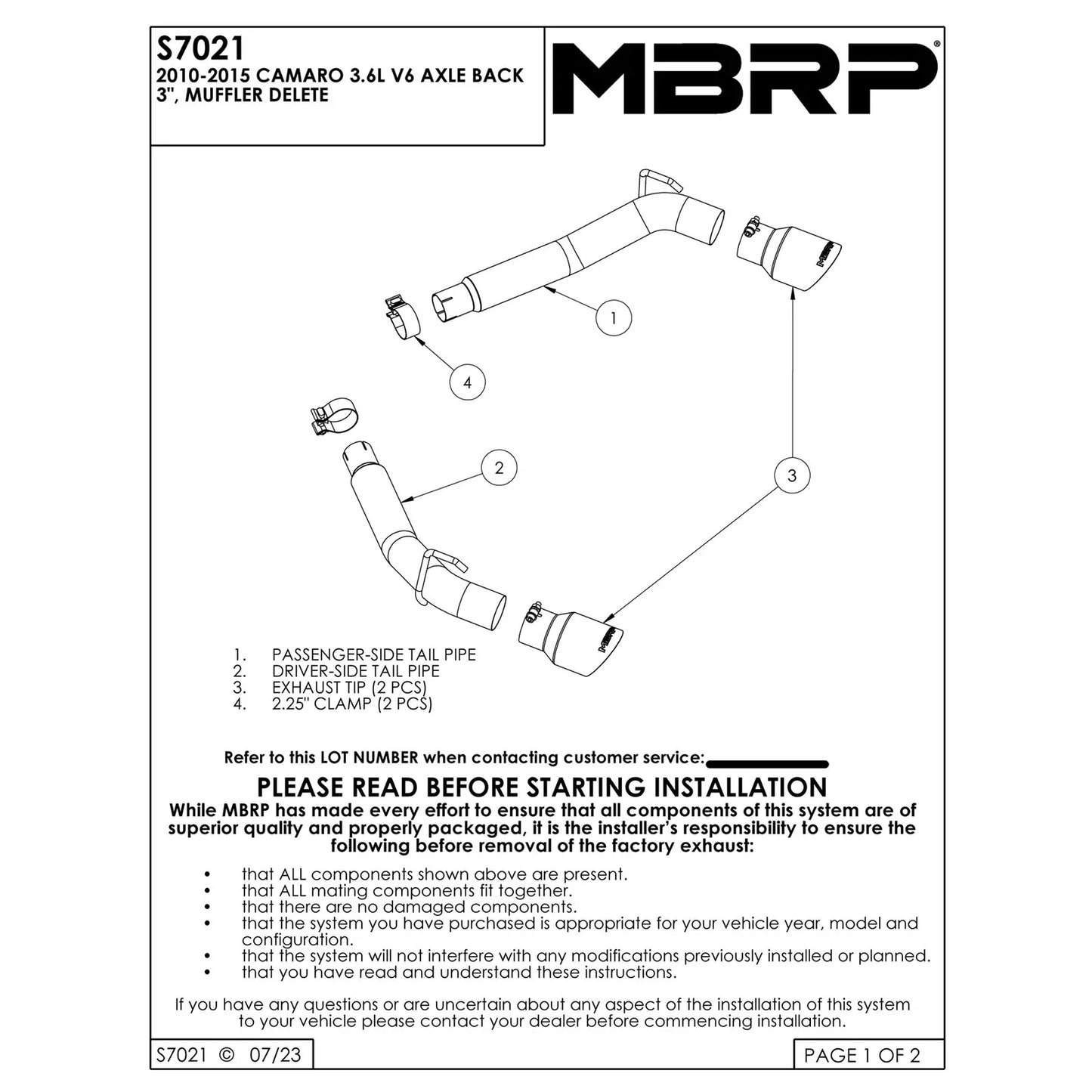 MBRP 2010-2015 Chevrolet Camaro V6 3.6L 3in Alum Axle Back Muffler Delete