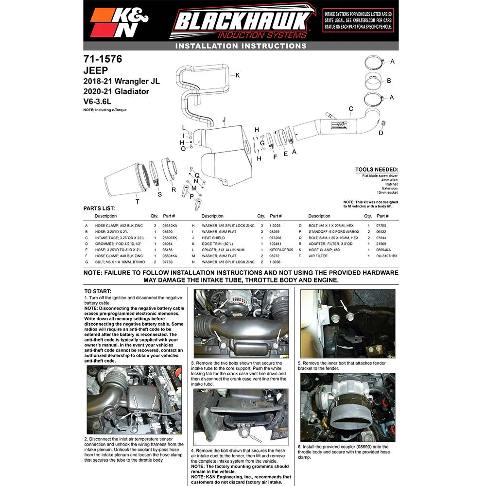 K&N 2018 Jeep Wrangler JL V6-3.6L F/I Blackhawk Performance Intake Kit (No Jeep Grand Cherokee)