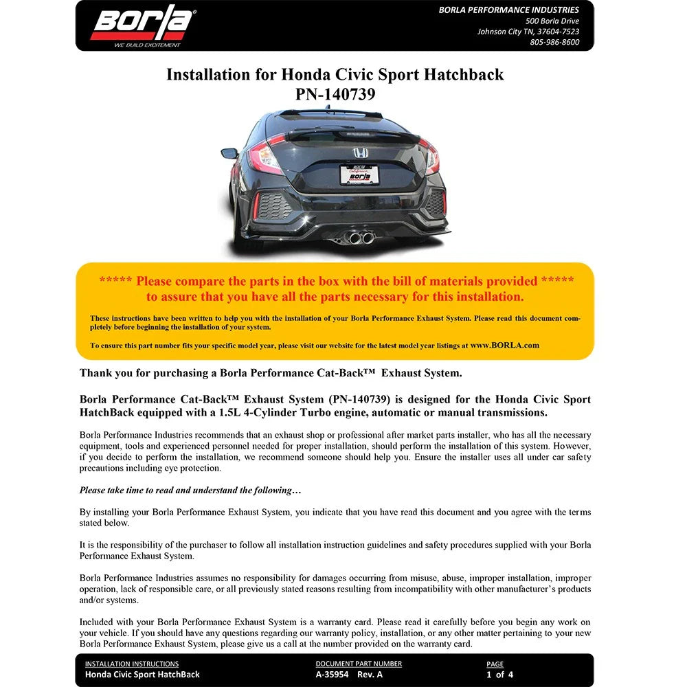 Borla 16-17 Honda Civic Sport 1.5L AT/MT Hatchback S-Type Catback Exhaust