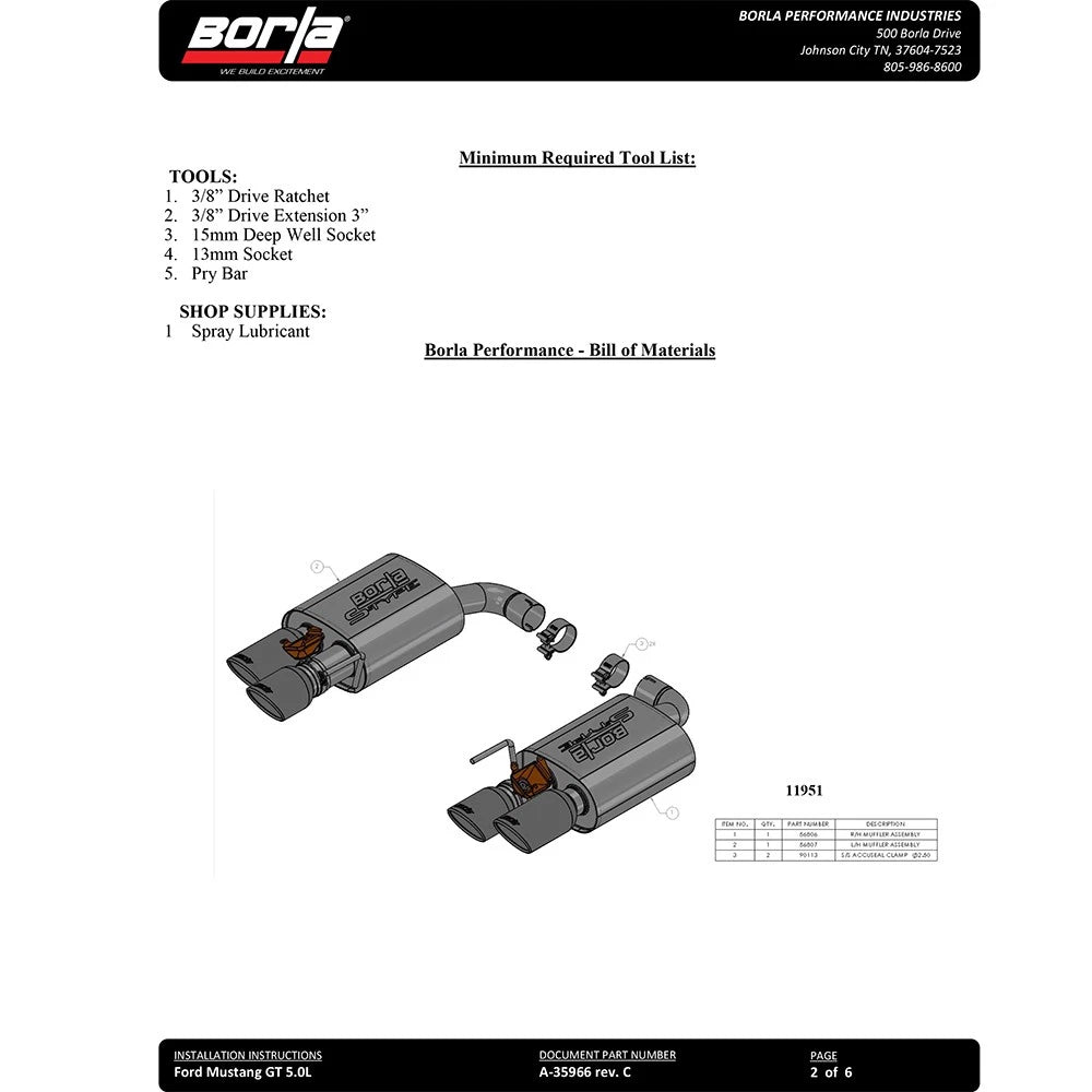 Borla 2018 Ford Mustang GT 5.0L AT/MT 2.5in S-Type Exhaust w/ Valves (Rear Section Only)