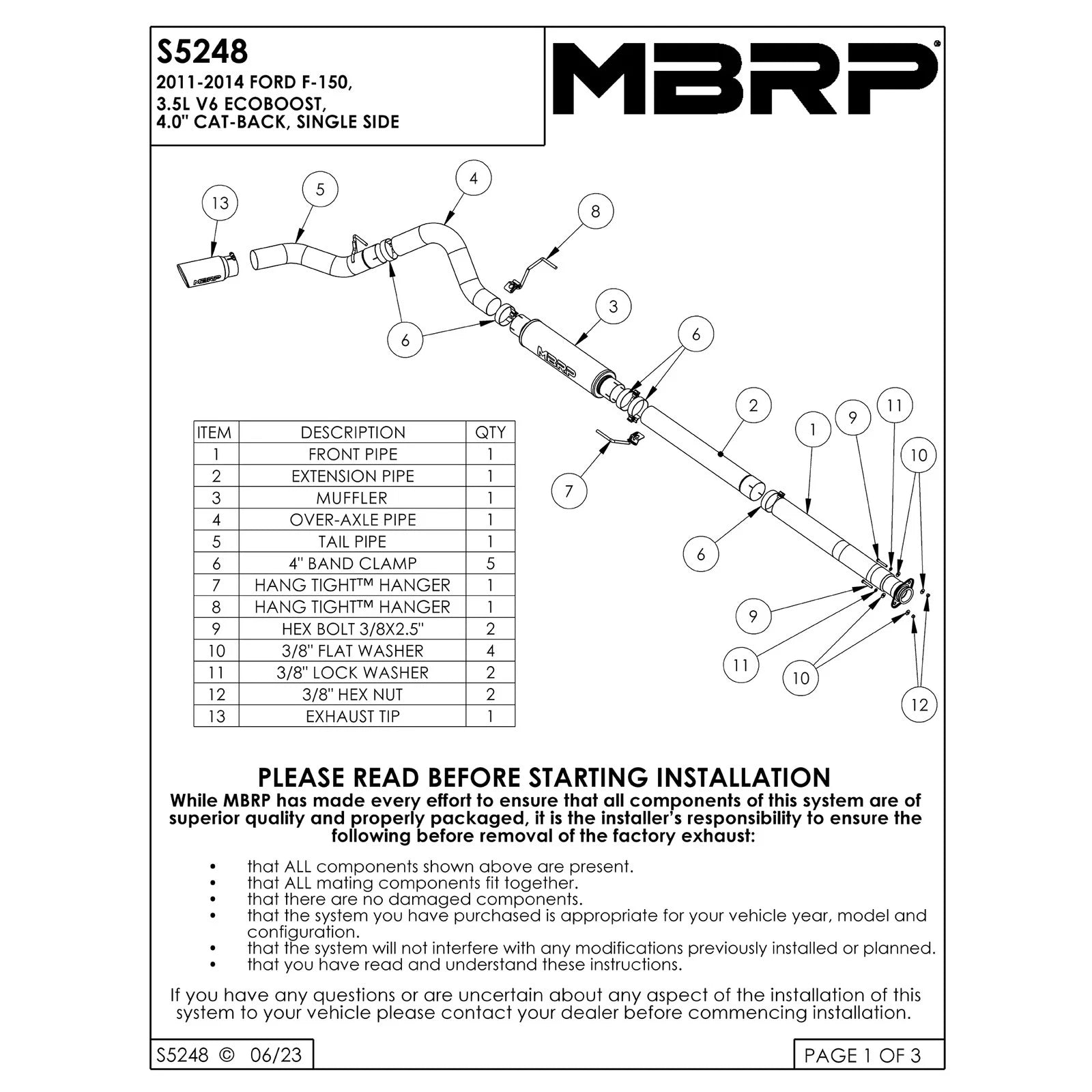 MBRP 11-13 Ford F-150 3.5L V6 EcoBoost 4in Cat Back Single Side T409 Exhaust System