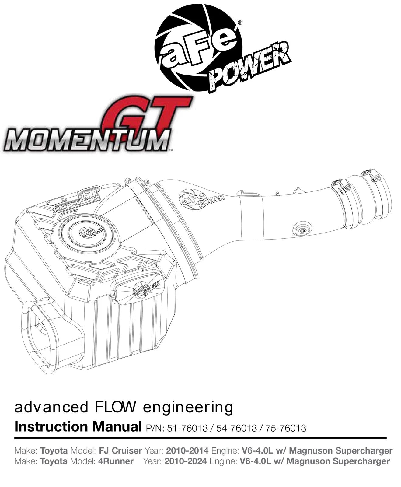 aFe Momentum GT Pro DRY S Cold Air Intake System 10-18 Toyota 4Runner V6 4.0L w/ Magnuson s/c
