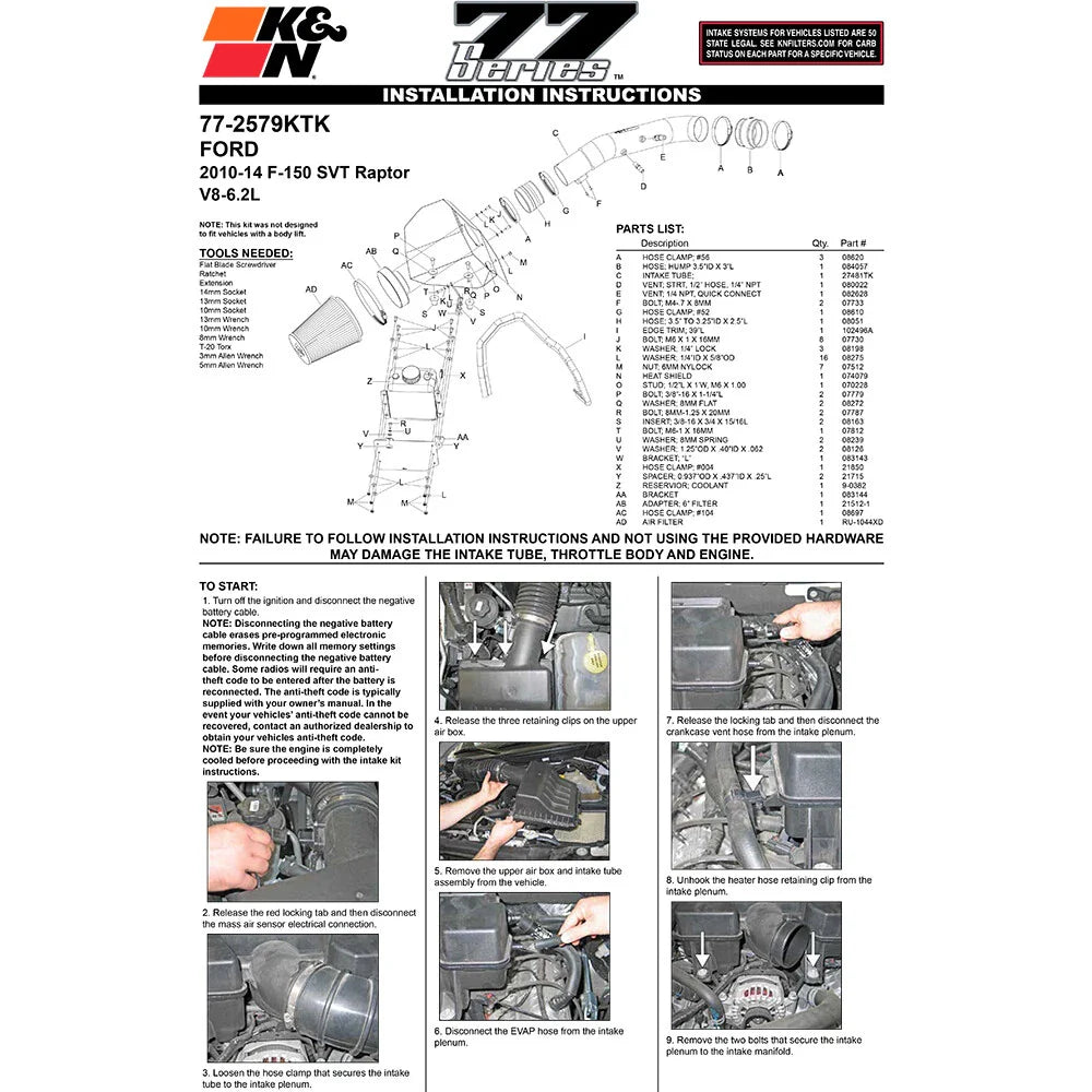 K&N 10-12 Ford F150 SVT Raptor 6.2L V8 High Flow Performance Intake Kit