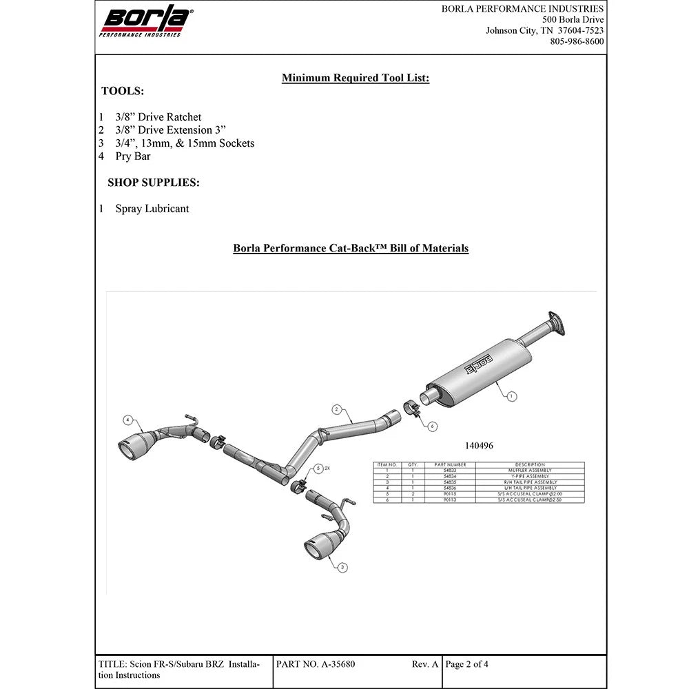 Borla 13-15 Scion FR-S 2.0L 4cyl 6spd / 13 Subaru BRZ 2.0L 4cyl 6spd SS Catback Exhaust