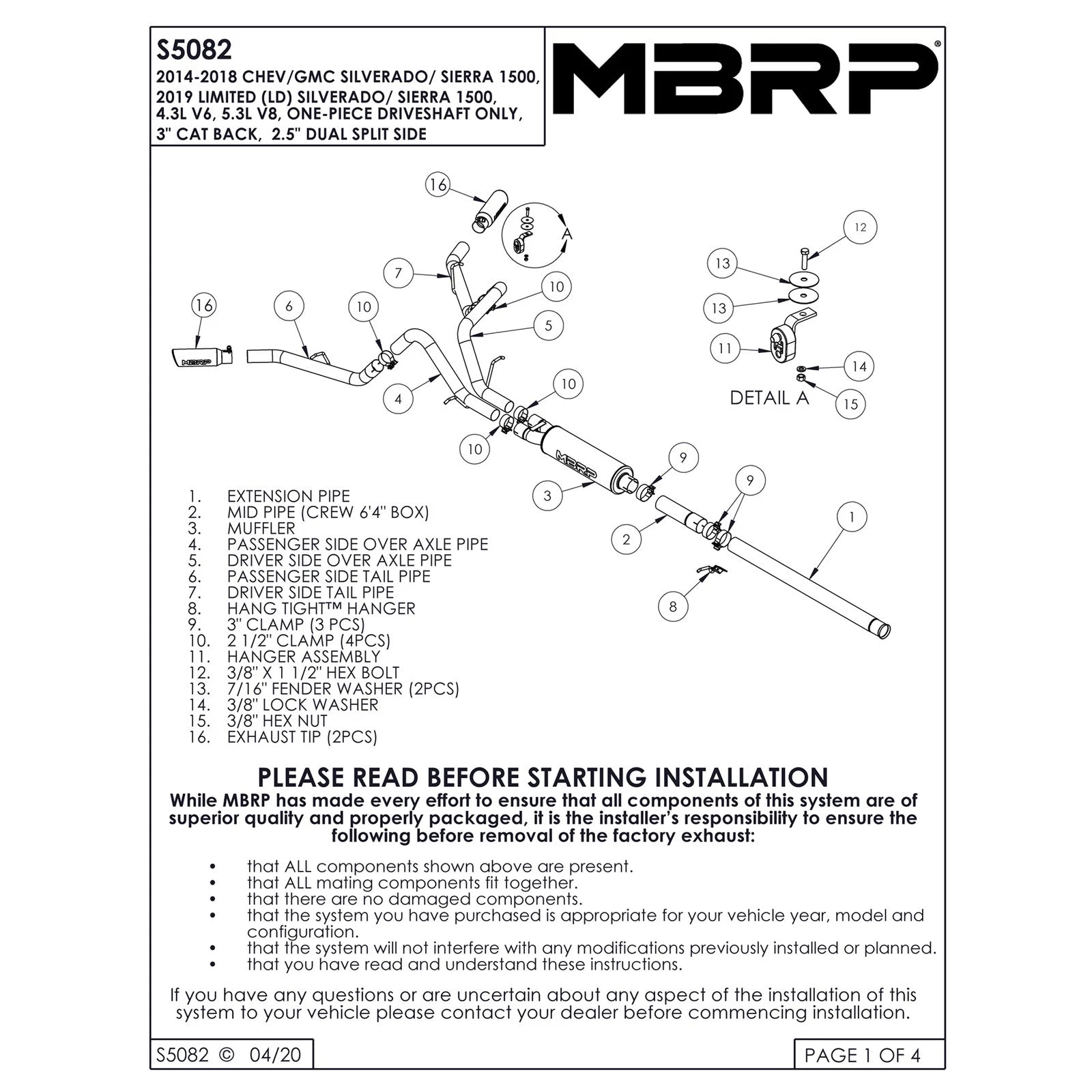 MBRP 14 Chevy/GMC 1500 Silverado/Sierra 4.3L V6/5.3L V8 Dual Split Side T409 3in Cat Back Exhaust