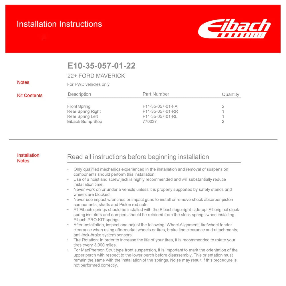 Eibach 2022 Ford Maverick 2.0L FWD / Hybrid FWD 2.5L Pro-Kit