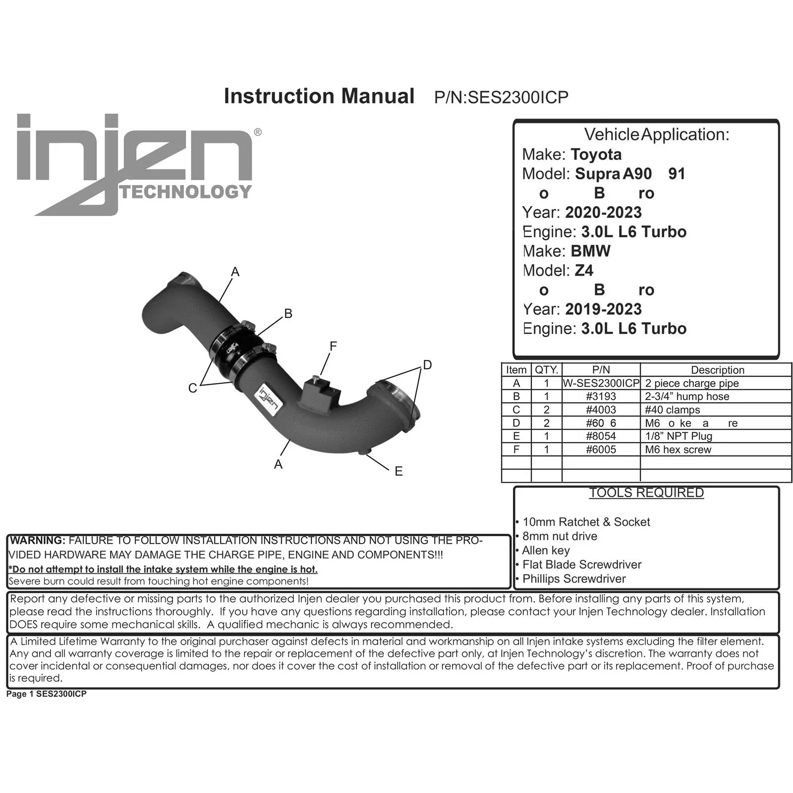 Injen 19-20 BMW Z4 / 2020 Toyota Supra 3.0L Turbo Intake and Charge Pipe Power Package - Wrinkle Blk
