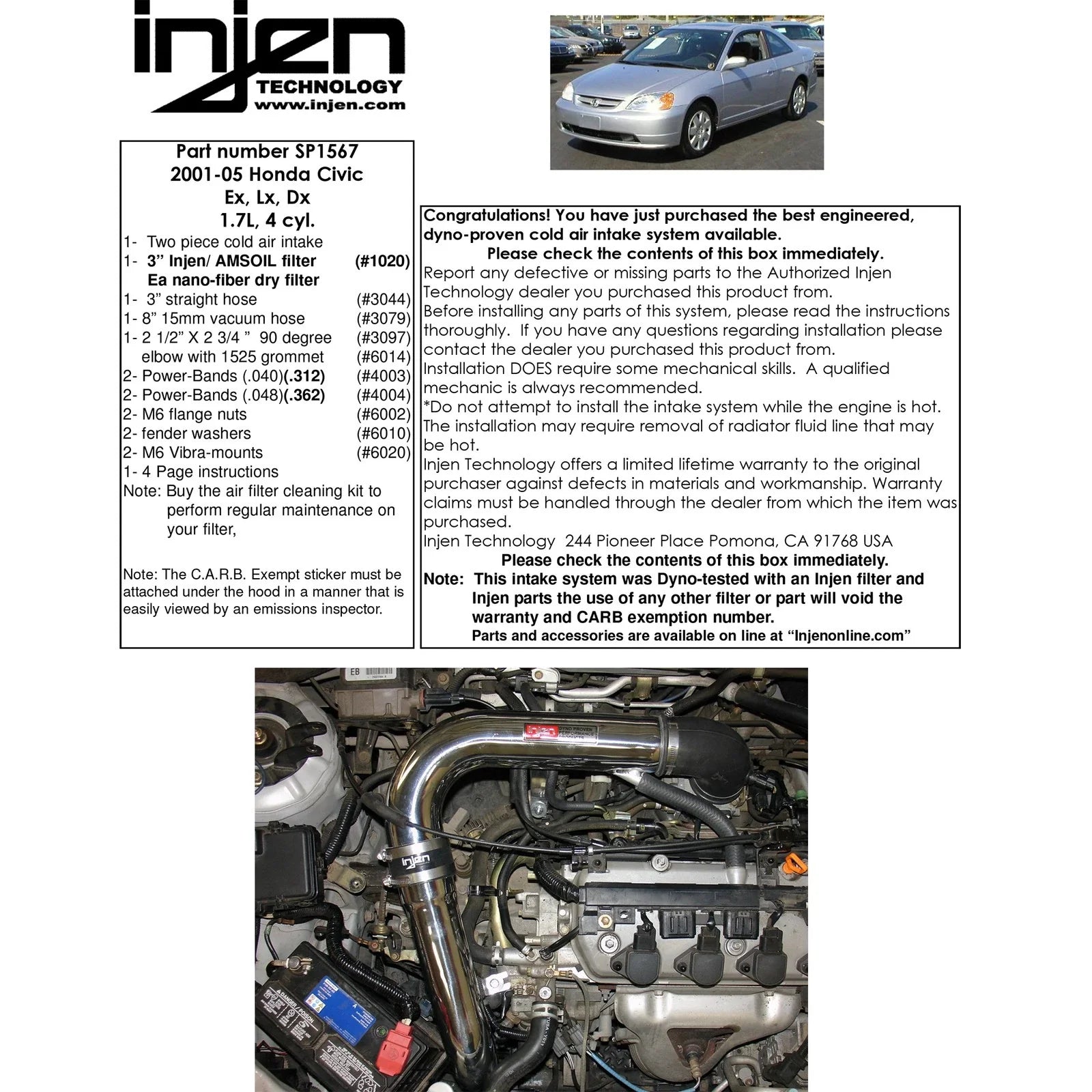 Injen 01-05 Civic Dx Lx Ex AT& MT Polished Cold Air Intake