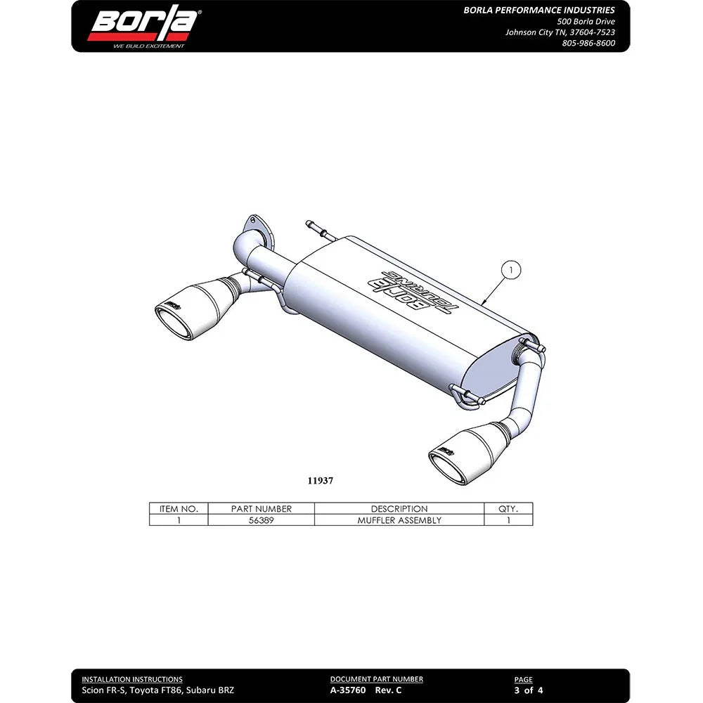 Borla 13-15 Subaru BRZ/Scion FR-S 2.0L 4Cyl RWD Single Split Rr Exit Touring Exh Rear Section Only