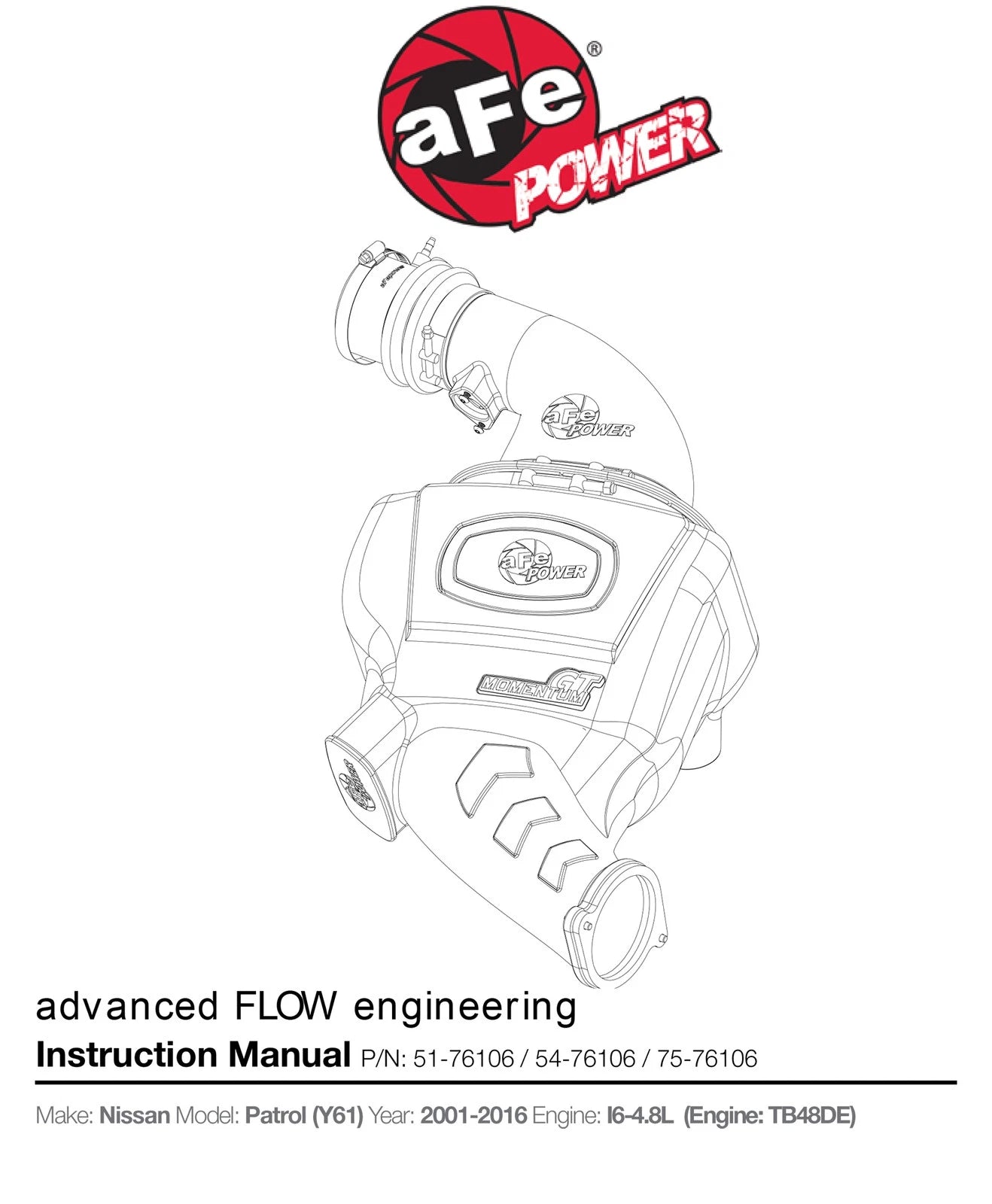 aFe Momentum GT PRO DRY S Cold Air Intake System 01-16 Nissan Patrol (Y61) I6-4.8L