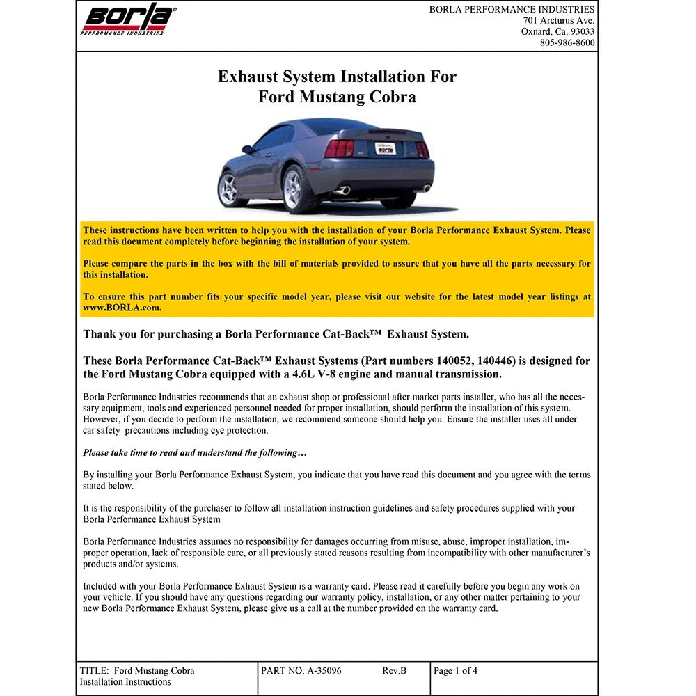 Borla 99-04 Ford Mustang SVT Cobra Aggressive SS Catback Exhaust