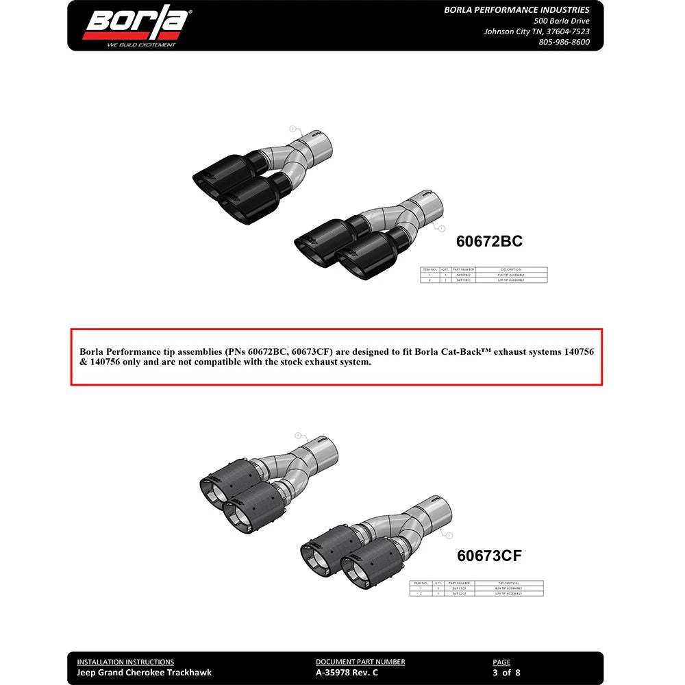 Borla 2018+ Jeep Grand Cherokee TrackHawk 6.2L V8 AWD 3in ATAK CatBack Exhaust (Uses Factory Tips)