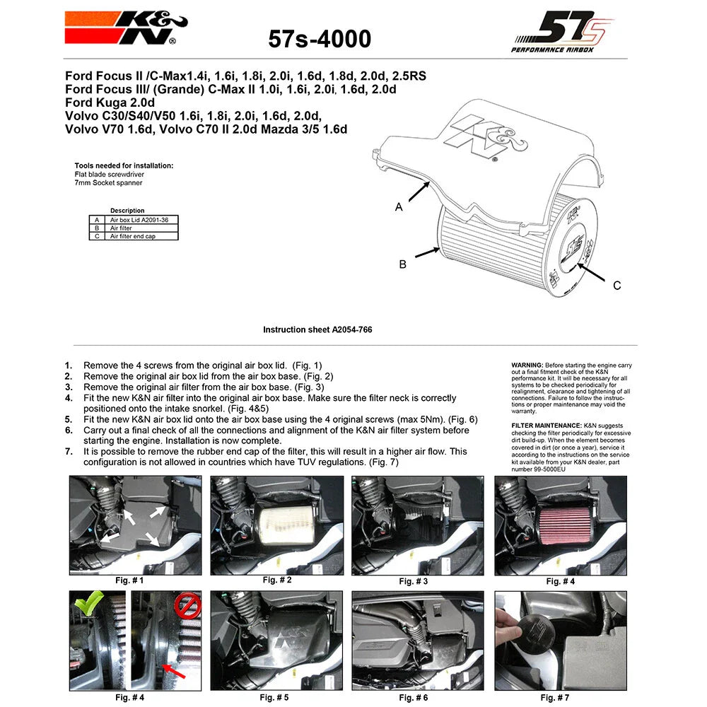 K&N Performance Intake Kit  for Ford C-Max/Focus II / Volvo C30/S40/V40/V50/V70 / Mazda 3/5
