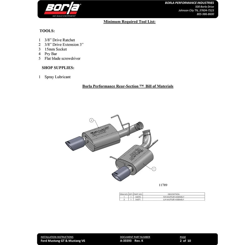Borla 13-14 Mustang GT/Boss 302 5.0L V8 RWD Single Split Rr Exit Touring Exhaust (rear section only)