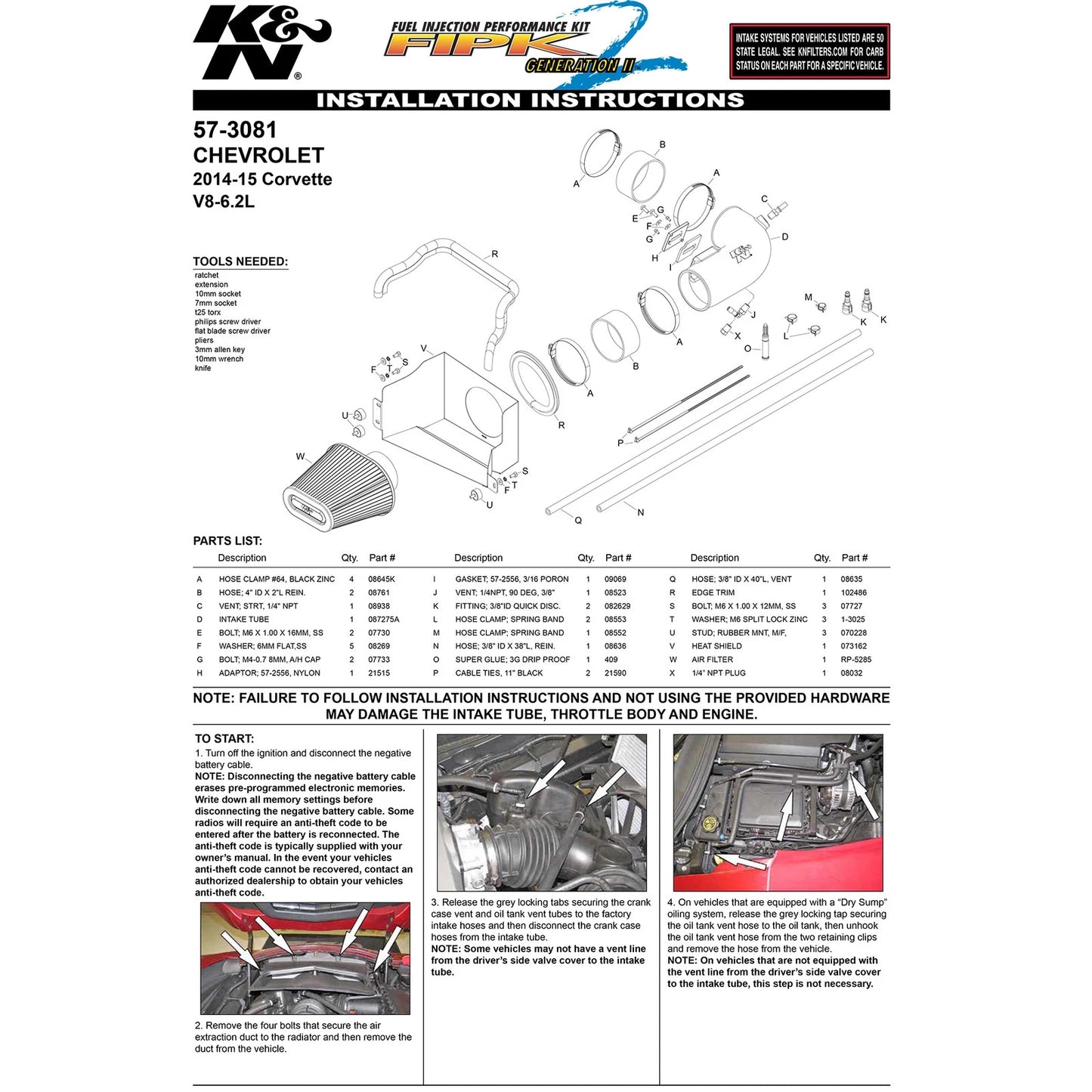 K&N 14-15 Chevrolet Corvette 6.2L V8 F/I Performance Intake Kit