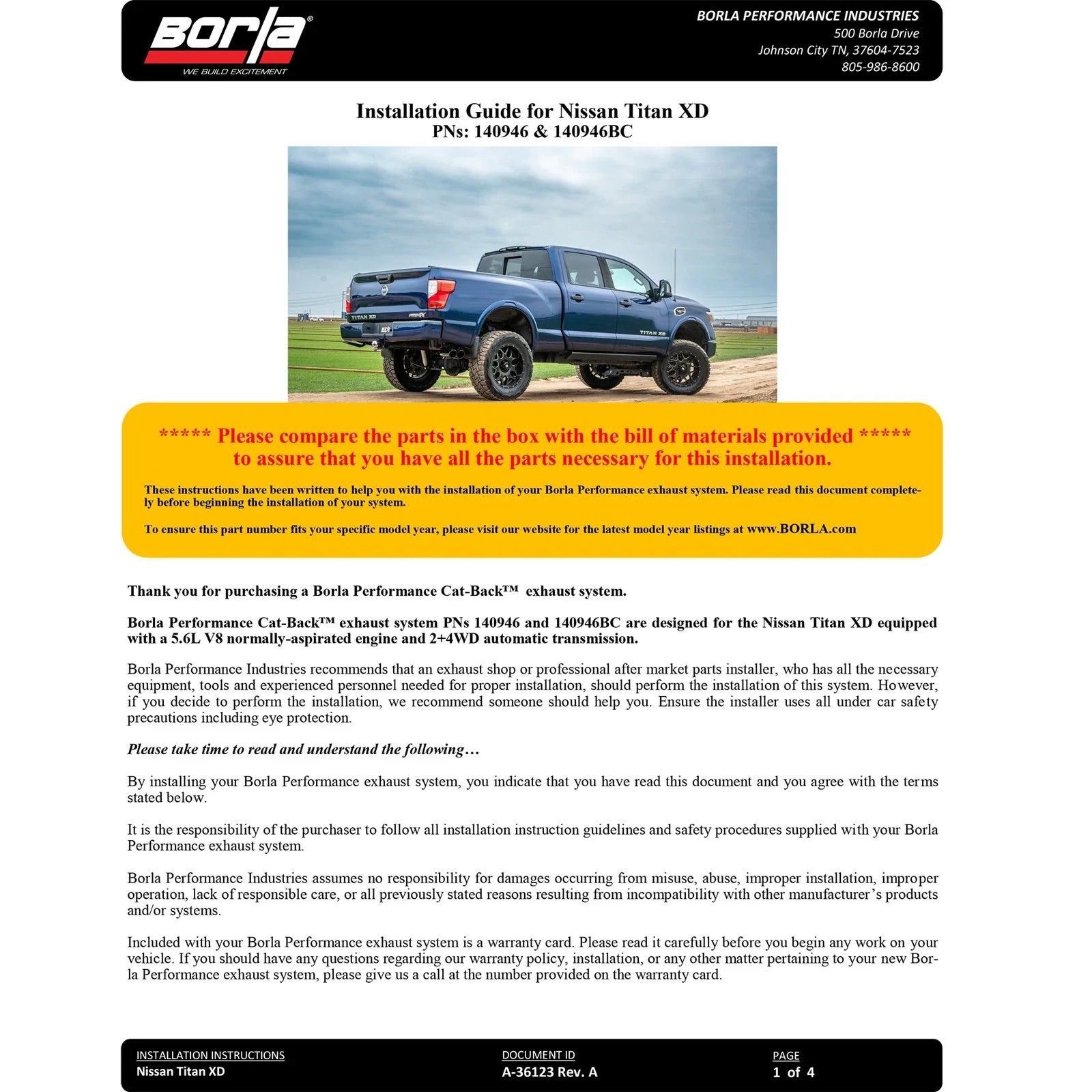 Borla 16-24 Nissan Titan XD S-Type Cat Back Exhaust