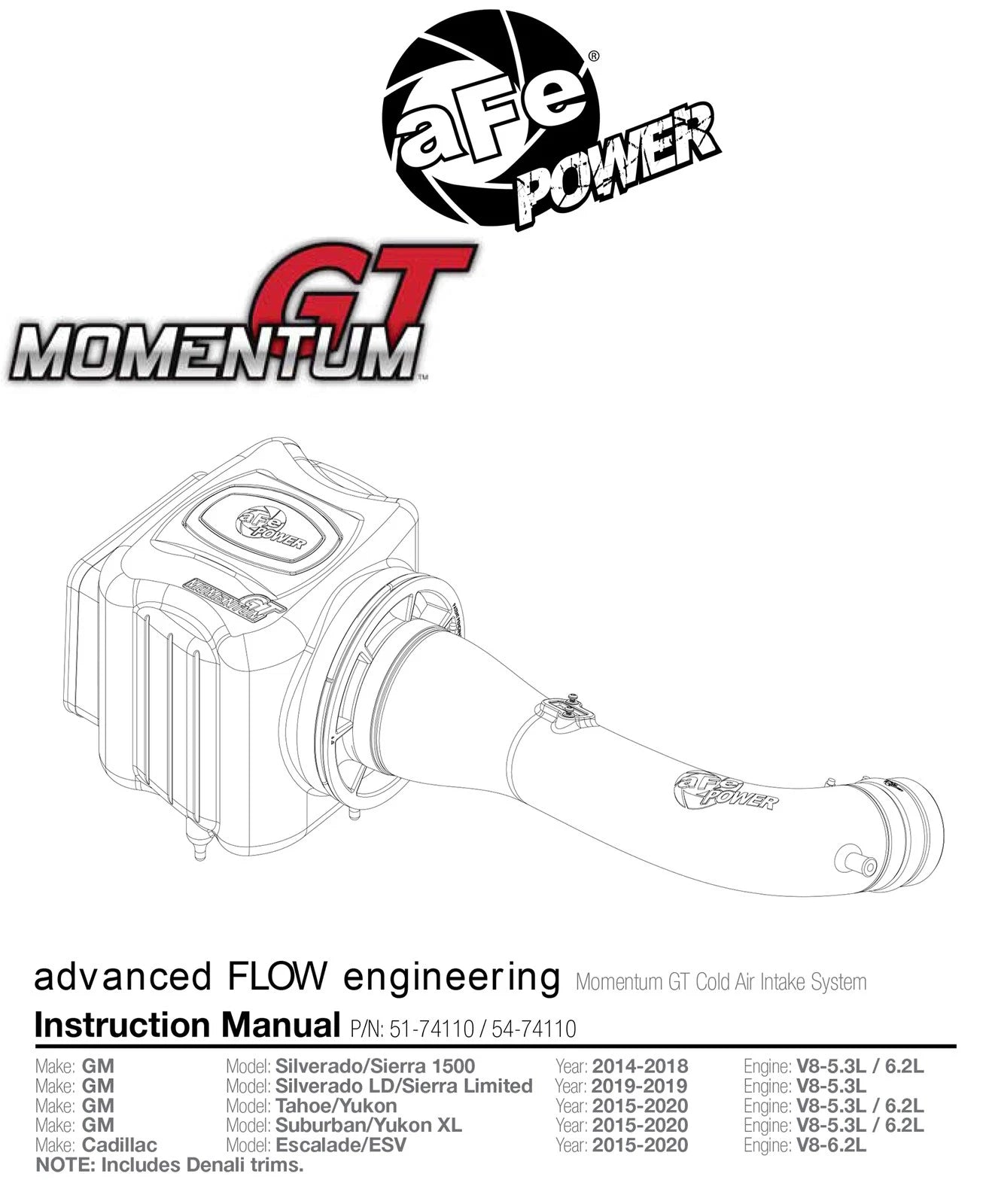 aFe Momentum GT Pro 5R Cold Air Intake System 15-17 GM SUV V8 5.3L/6.2L