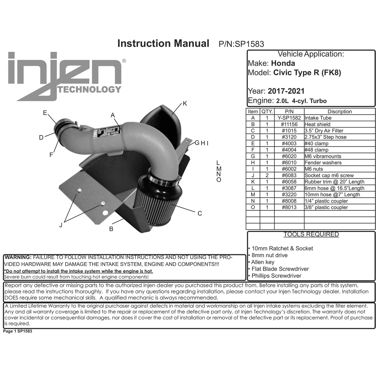 Injen 17-19 Honda Civic Type R 2.0T Wrinkle Red Short Ram Air Intake