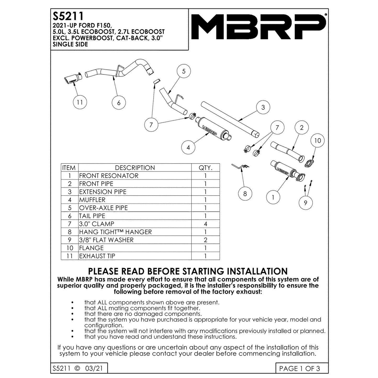MBRP 2021+ Ford F-150 2.7L/ 3.5L Ecoboost 5.0L Single Side 3in Black Coated Catback Exhaust