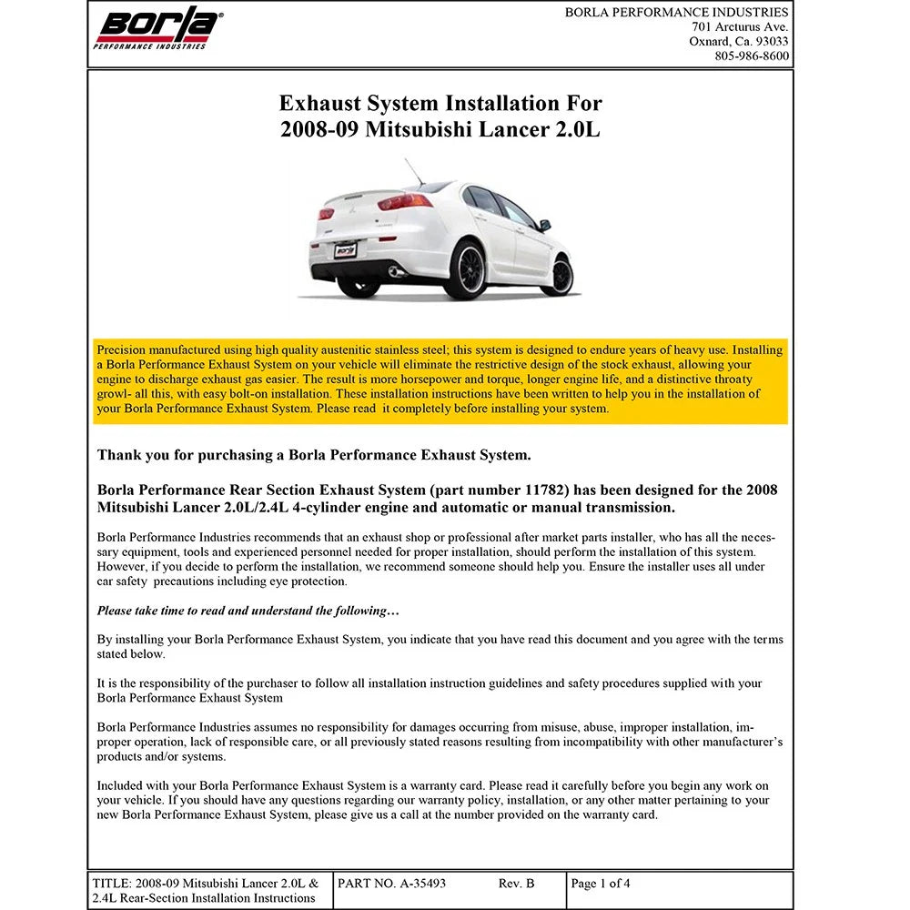 Borla 08-11 Mitsubishi Lancer DE/ES/GTS SS Exhaust (rear section only)