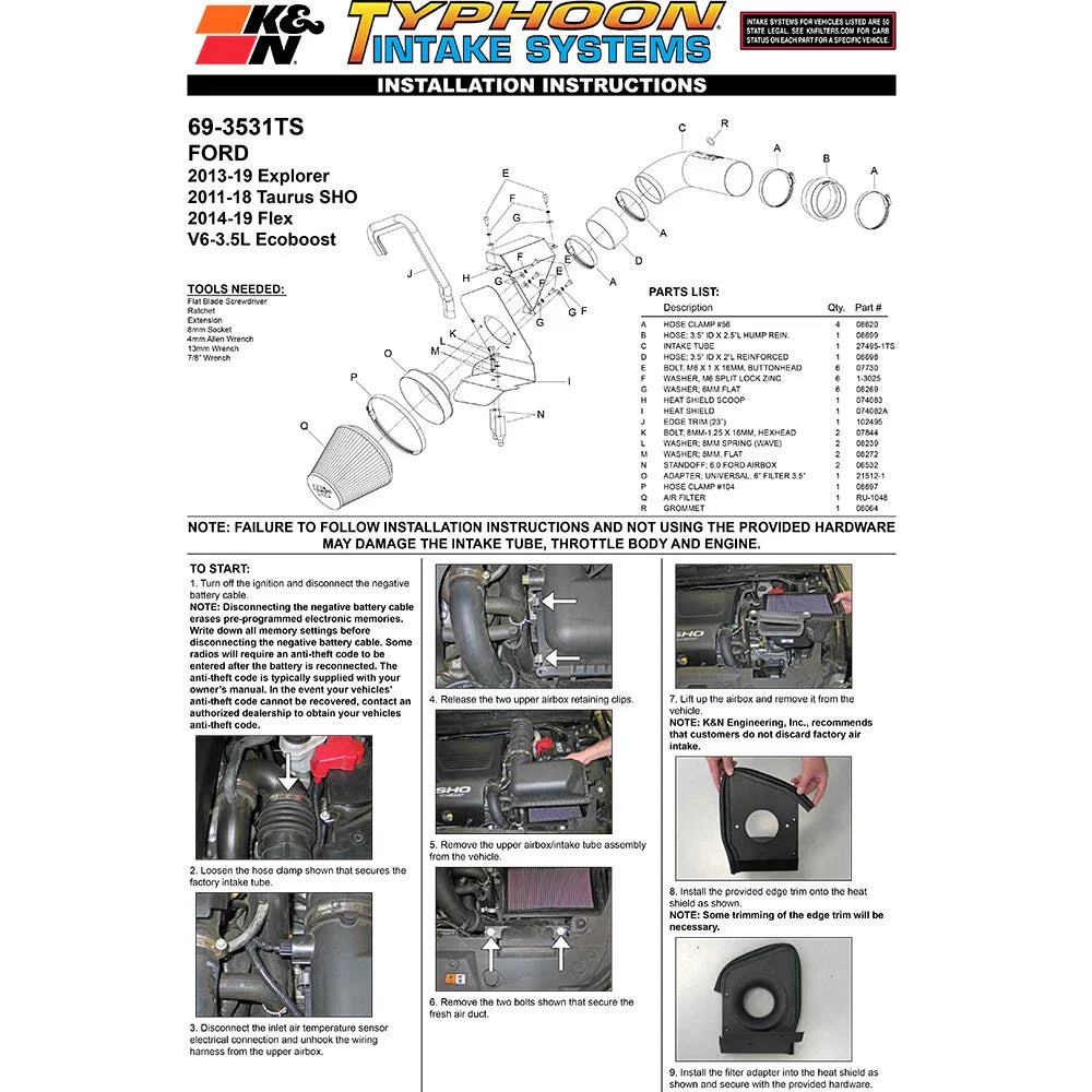 K&N 11 Ford Taurus SHO 3.5L V6 Silver Typhoon Cold Air Intake